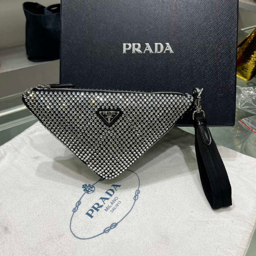 Prada 1NE039 Crystal-studded satin pouch Black