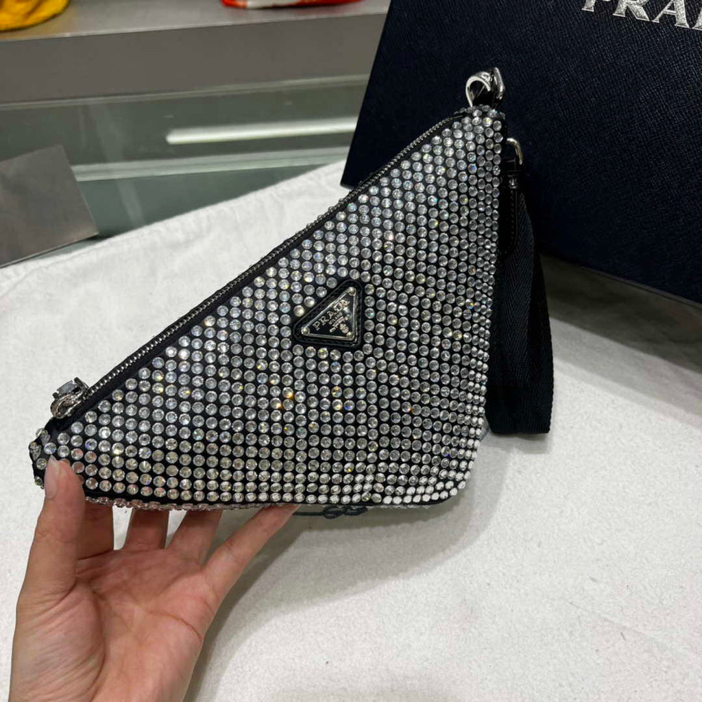 Prada 1NE039 Crystal-studded satin pouch Black