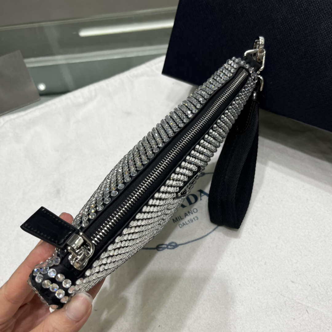 Prada 1NE039 Crystal-studded satin pouch Black