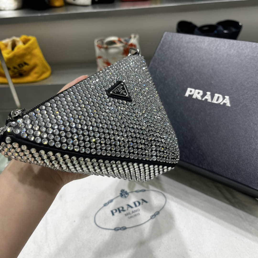 Prada 1NE039 Crystal-studded satin pouch Black