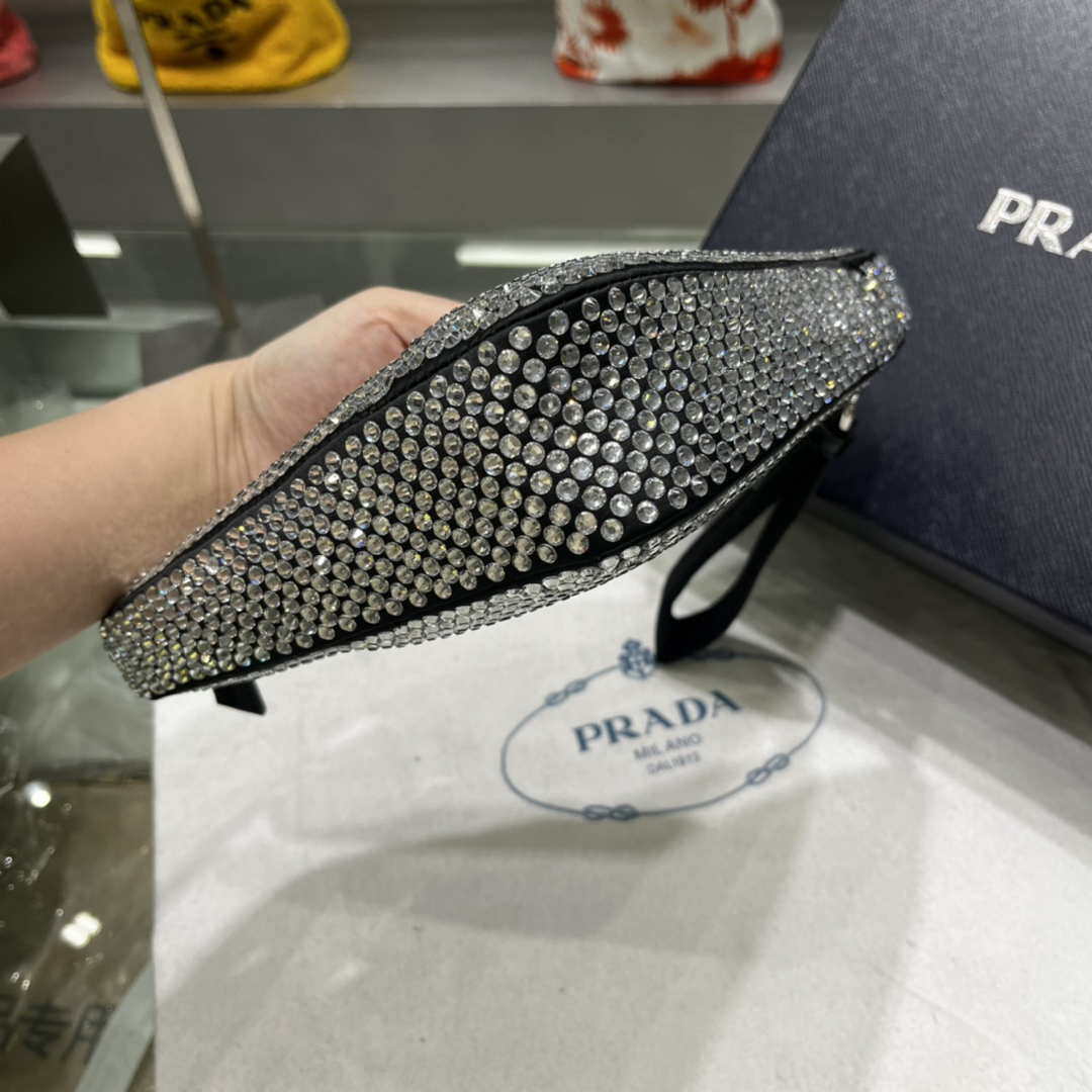Prada 1NE039 Crystal-studded satin pouch Black