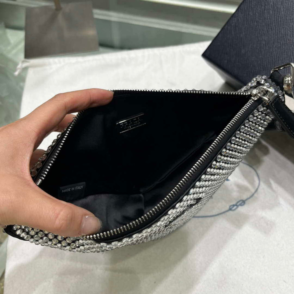 Prada 1NE039 Crystal-studded satin pouch Black