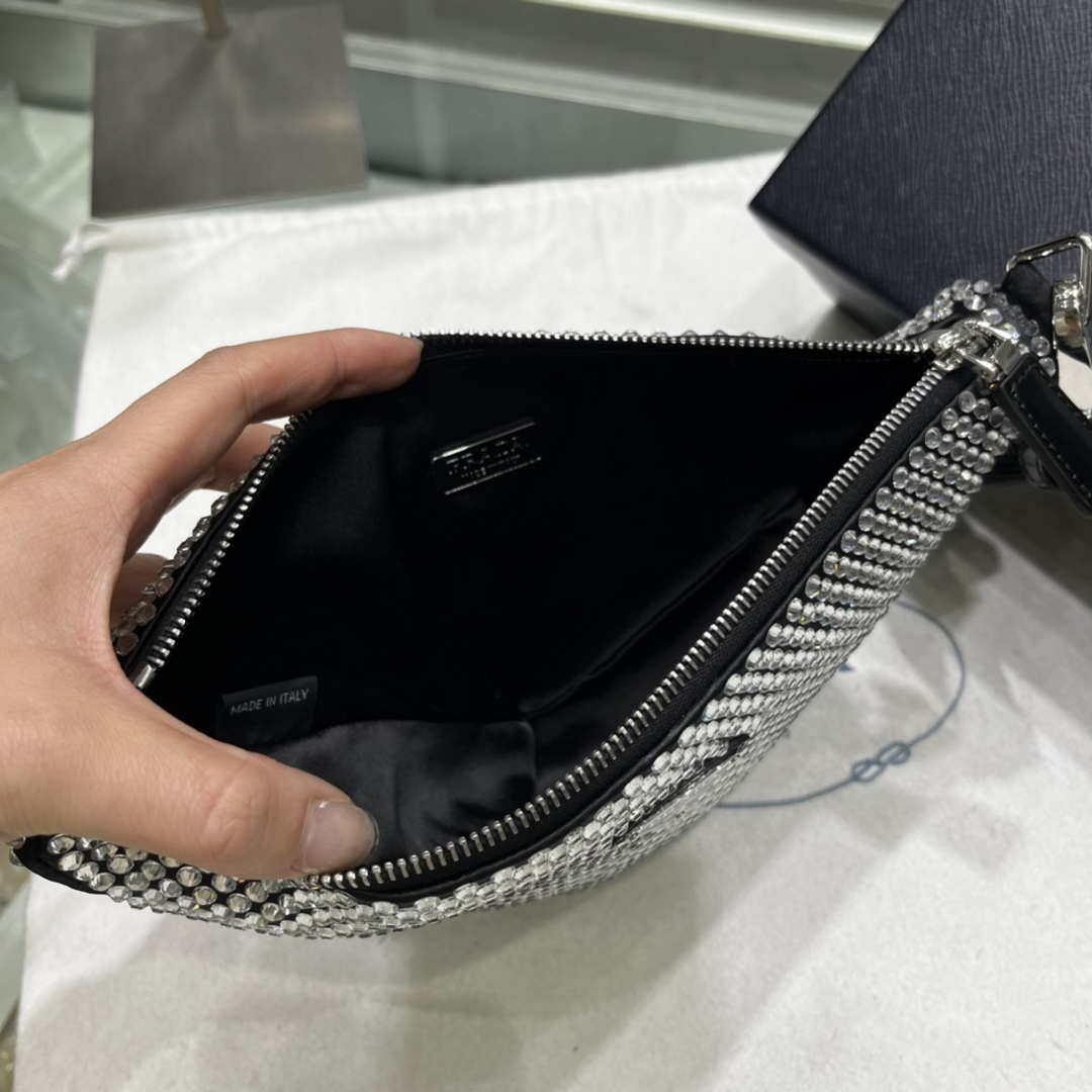 Prada 1NE039 Crystal-studded satin pouch Black - Default Title - View 9