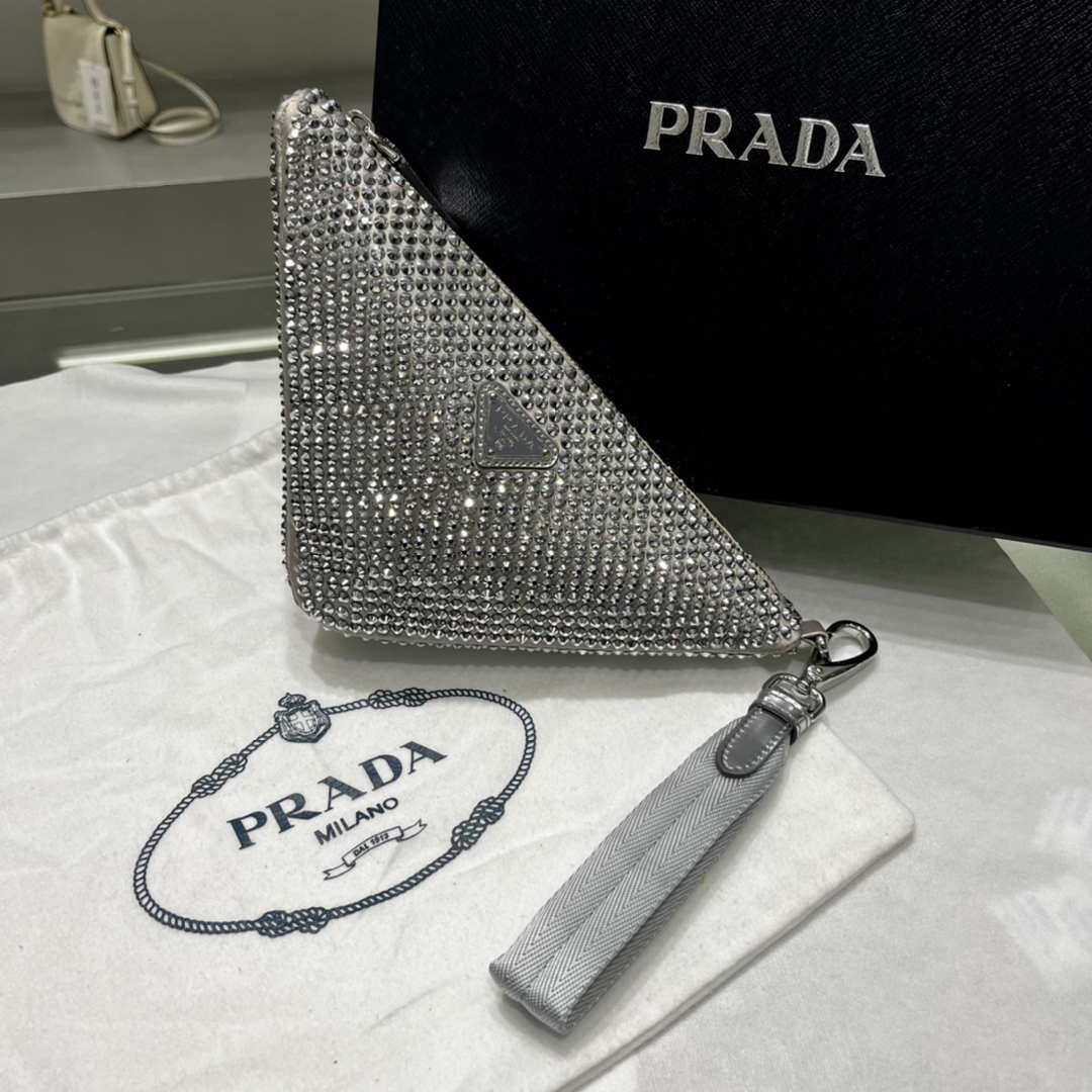 Prada 1NE039 Crystal-studded satin pouch Gray - Default Title - View 1
