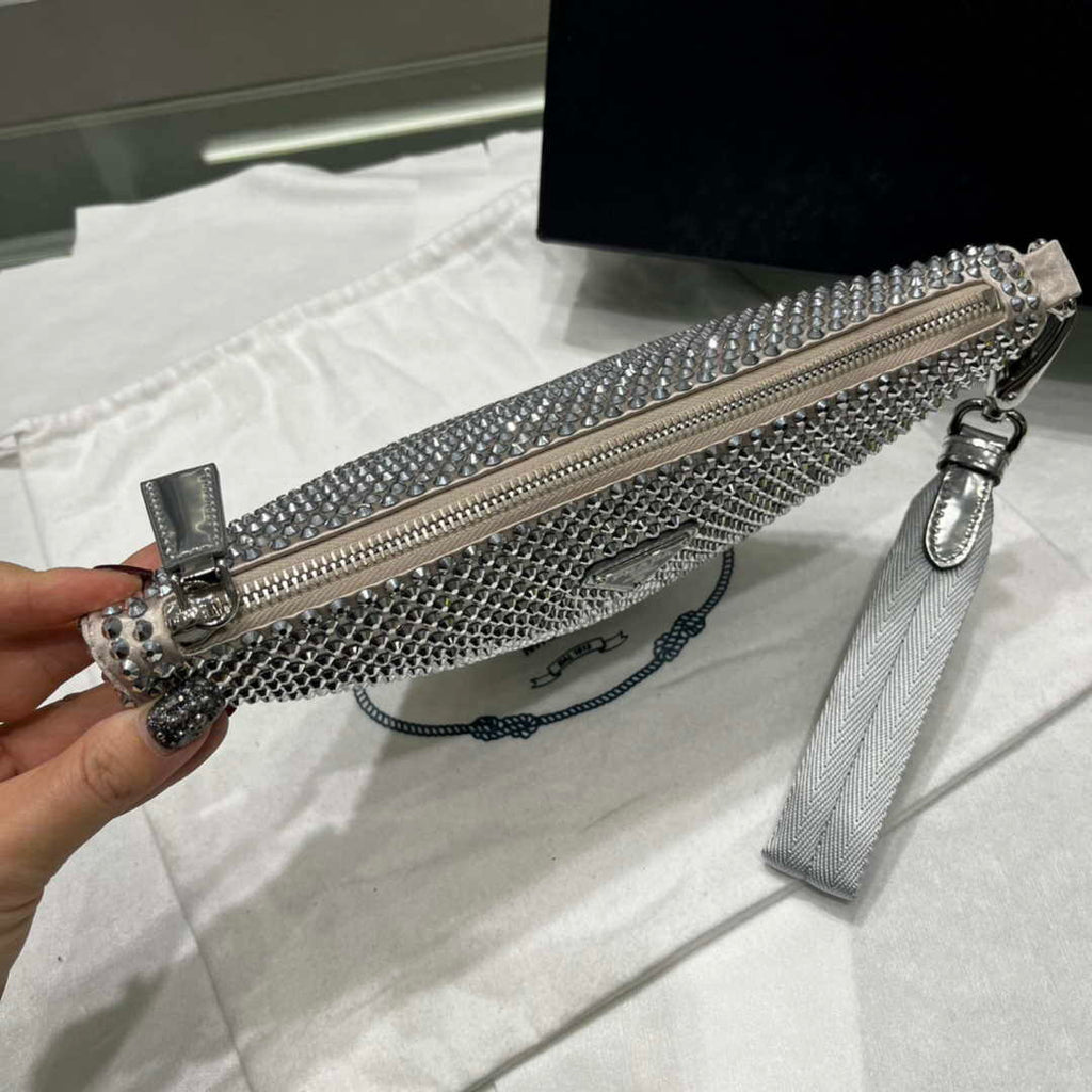 Prada 1NE039 Crystal-studded satin pouch Gray