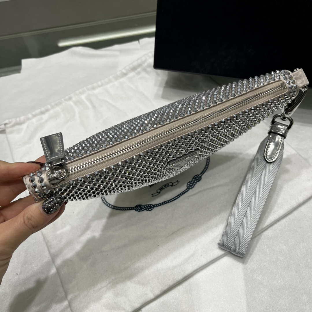 Prada 1NE039 Crystal-studded satin pouch Gray