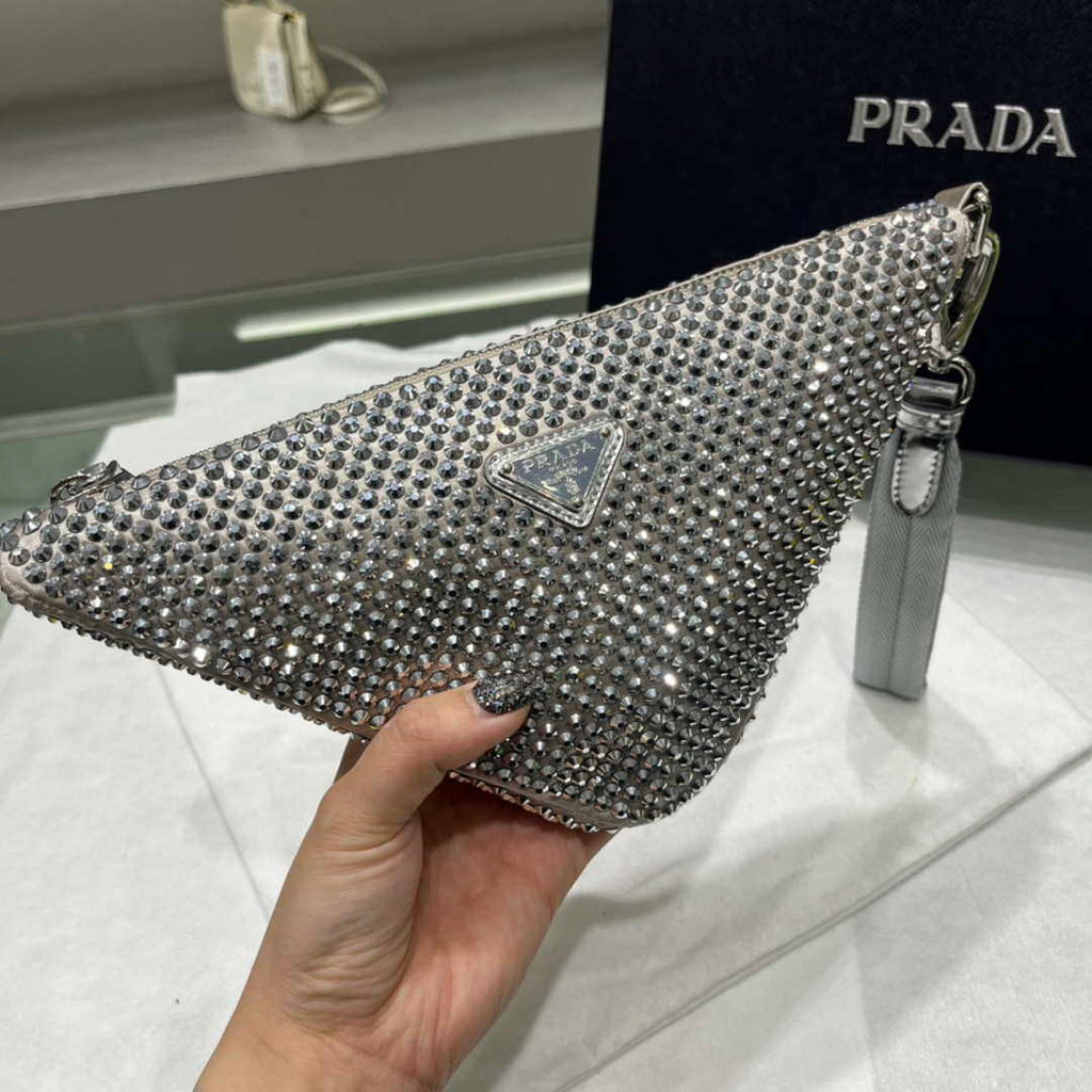 Prada 1NE039 Crystal-studded satin pouch Gray