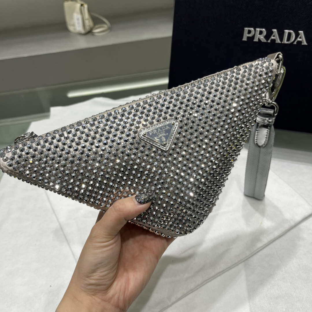 Prada 1NE039 Crystal-studded satin pouch Gray - Default Title - View 4