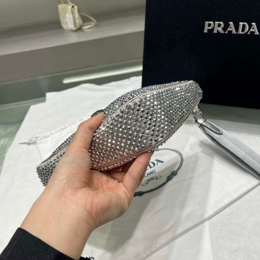 Prada 1NE039 Crystal-studded satin pouch Gray