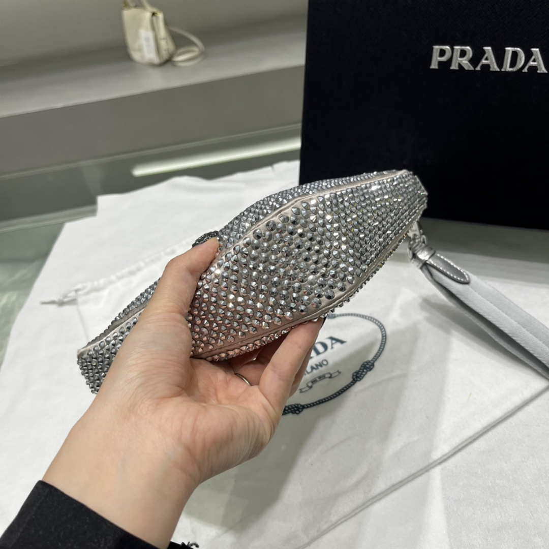 Prada 1NE039 Crystal-studded satin pouch Gray