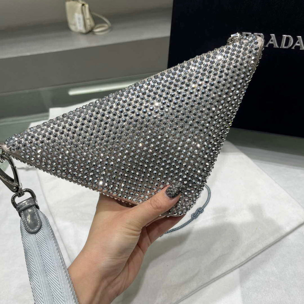 Prada 1NE039 Crystal-studded satin pouch Gray