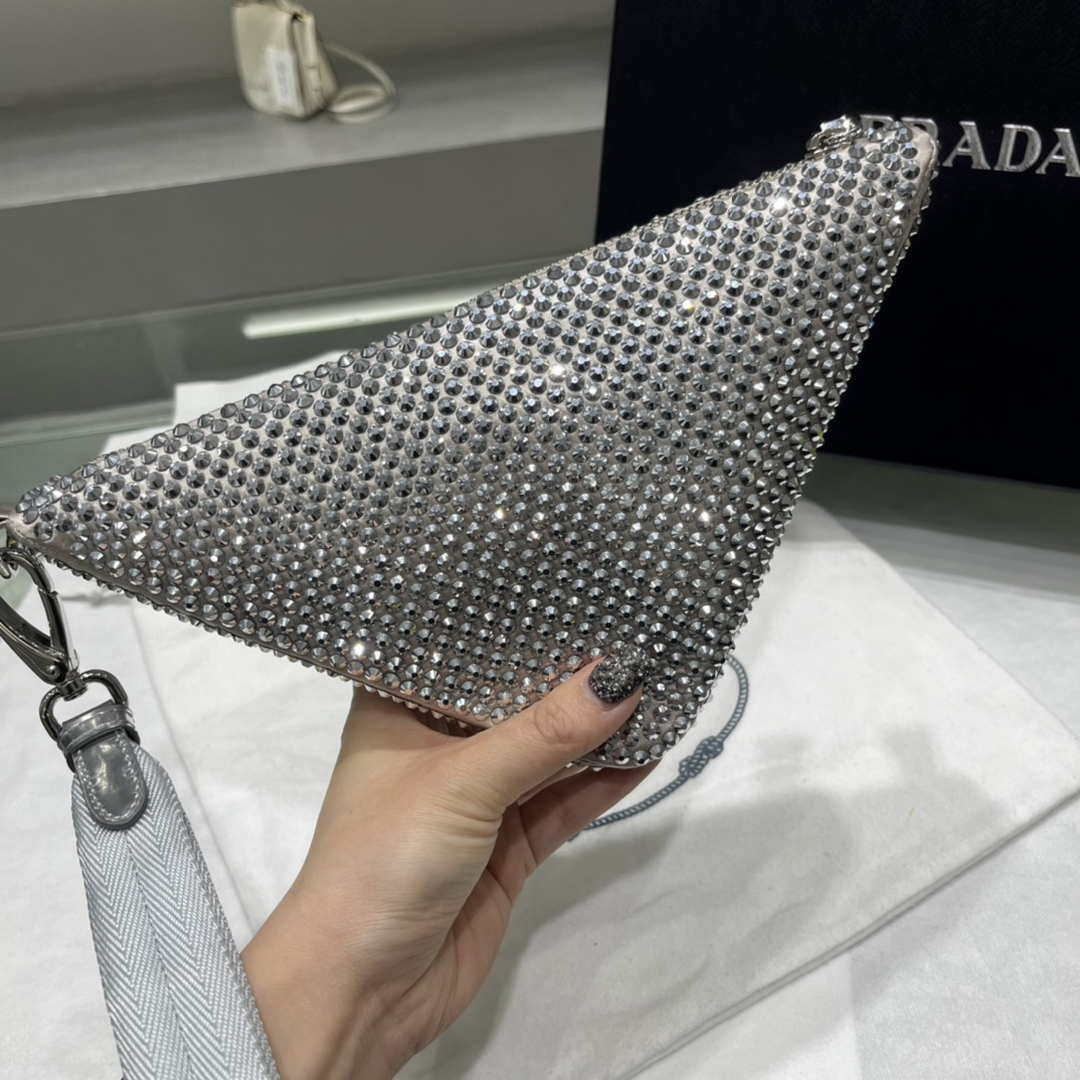 Prada 1NE039 Crystal-studded satin pouch Gray