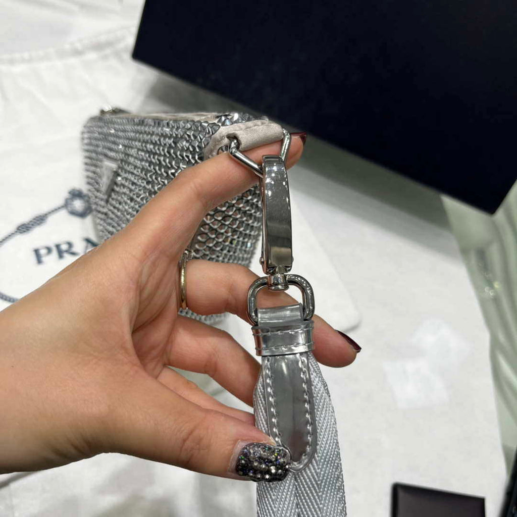 Prada 1NE039 Crystal-studded satin pouch Gray
