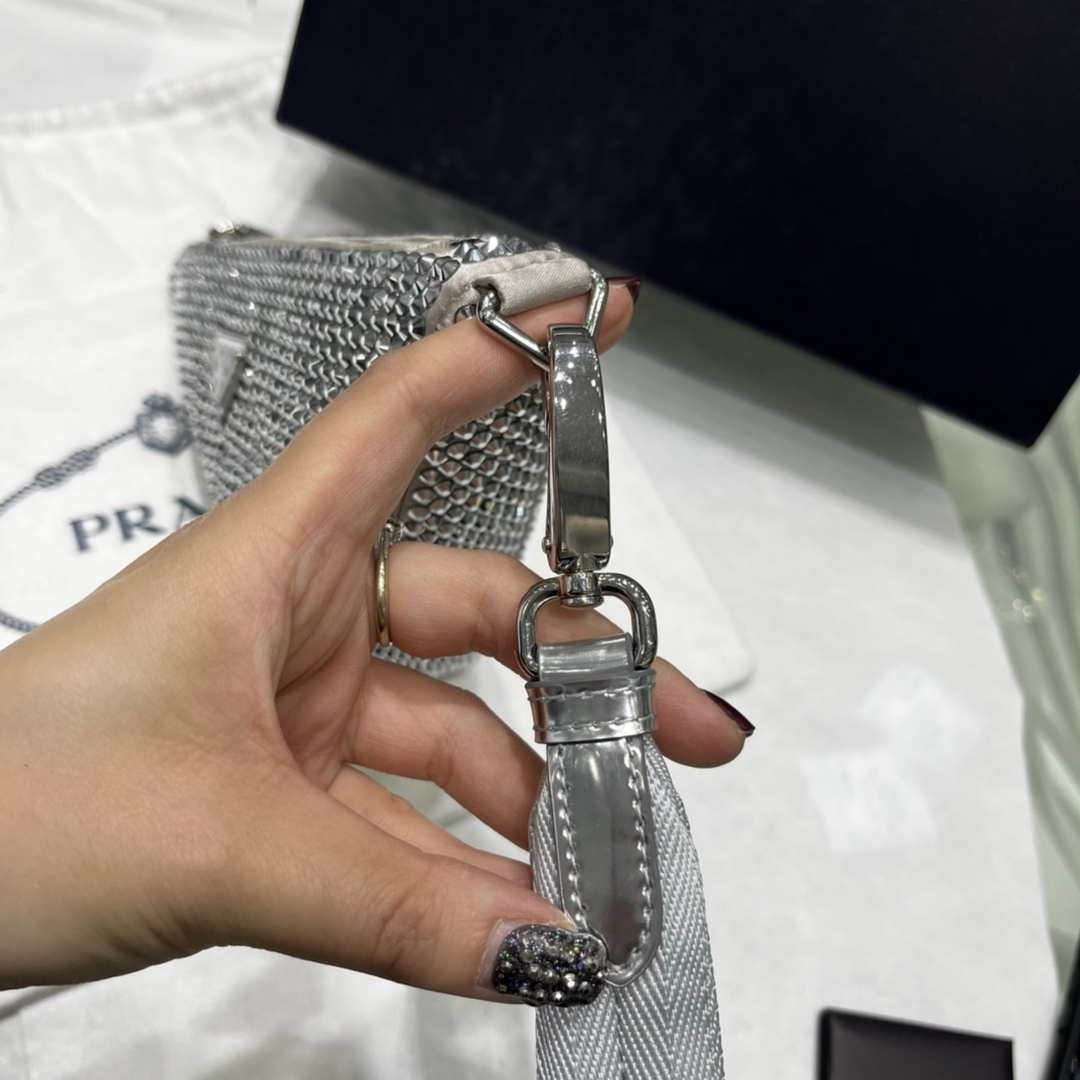 Prada 1NE039 Crystal-studded satin pouch Gray - Default Title - View 7