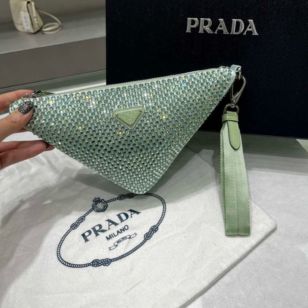 Prada 1NE039 Crystal-studded satin pouch Green