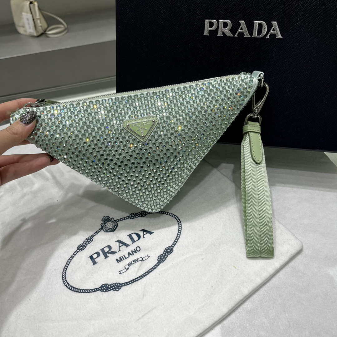 Prada 1NE039 Crystal-studded satin pouch Green - Default Title - View 2