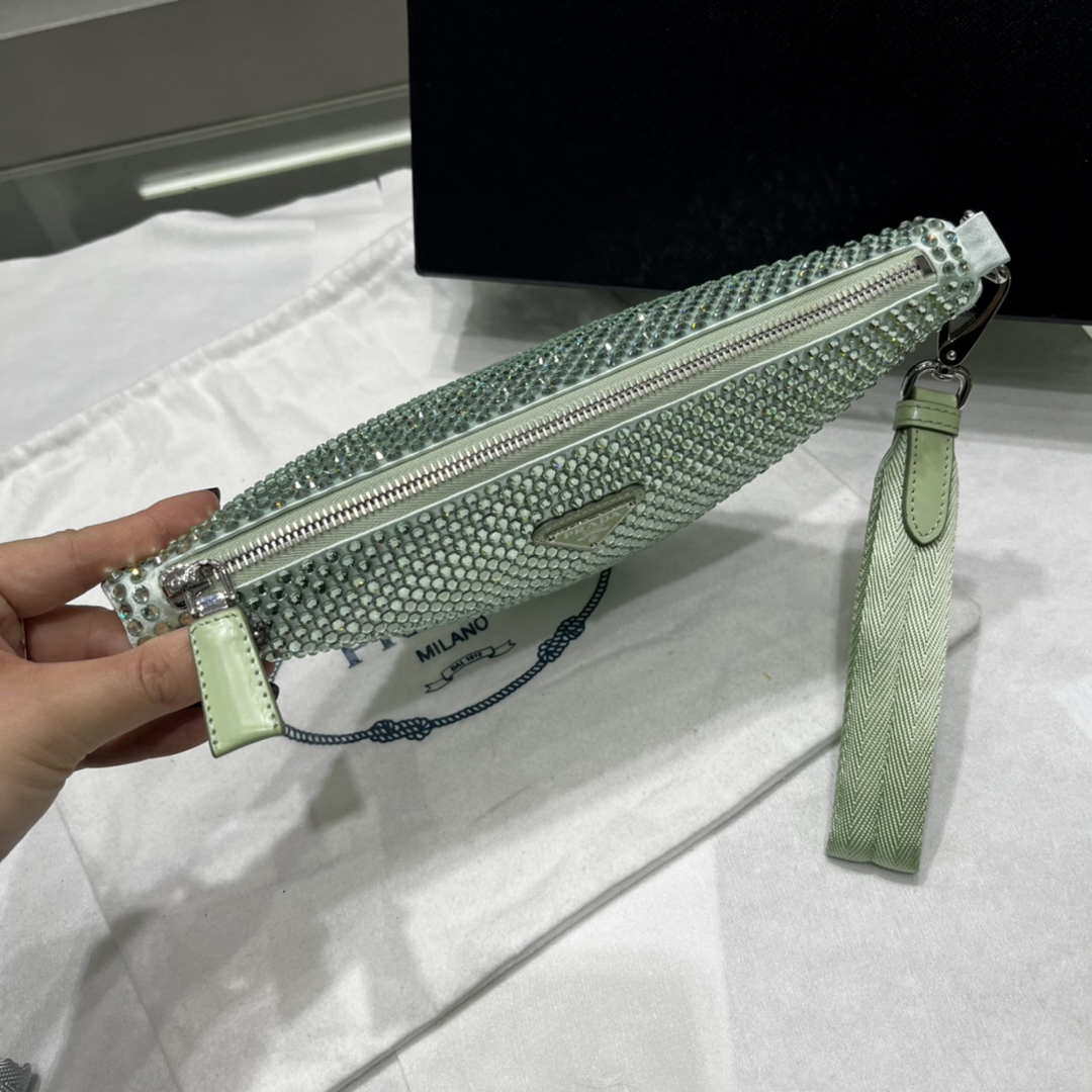 Prada 1NE039 Crystal-studded satin pouch Green
