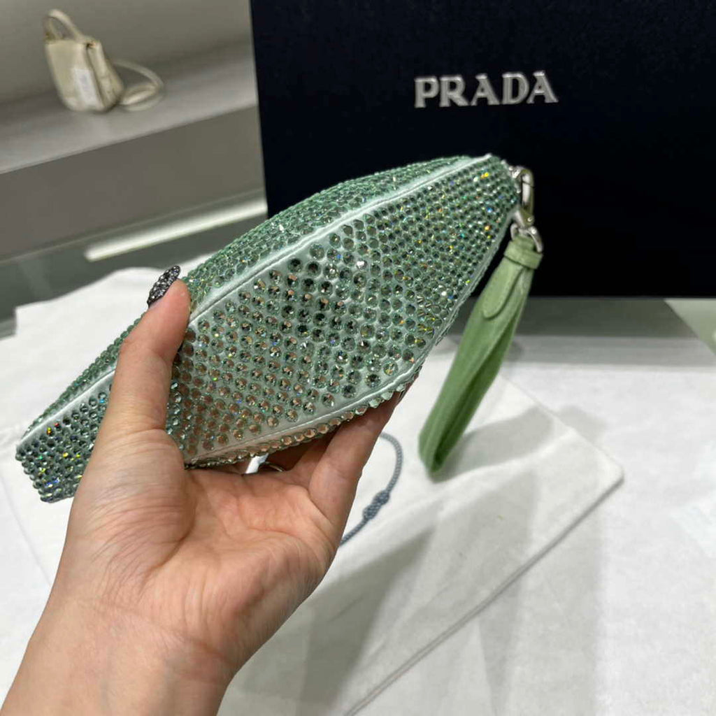 Prada 1NE039 Crystal-studded satin pouch Green