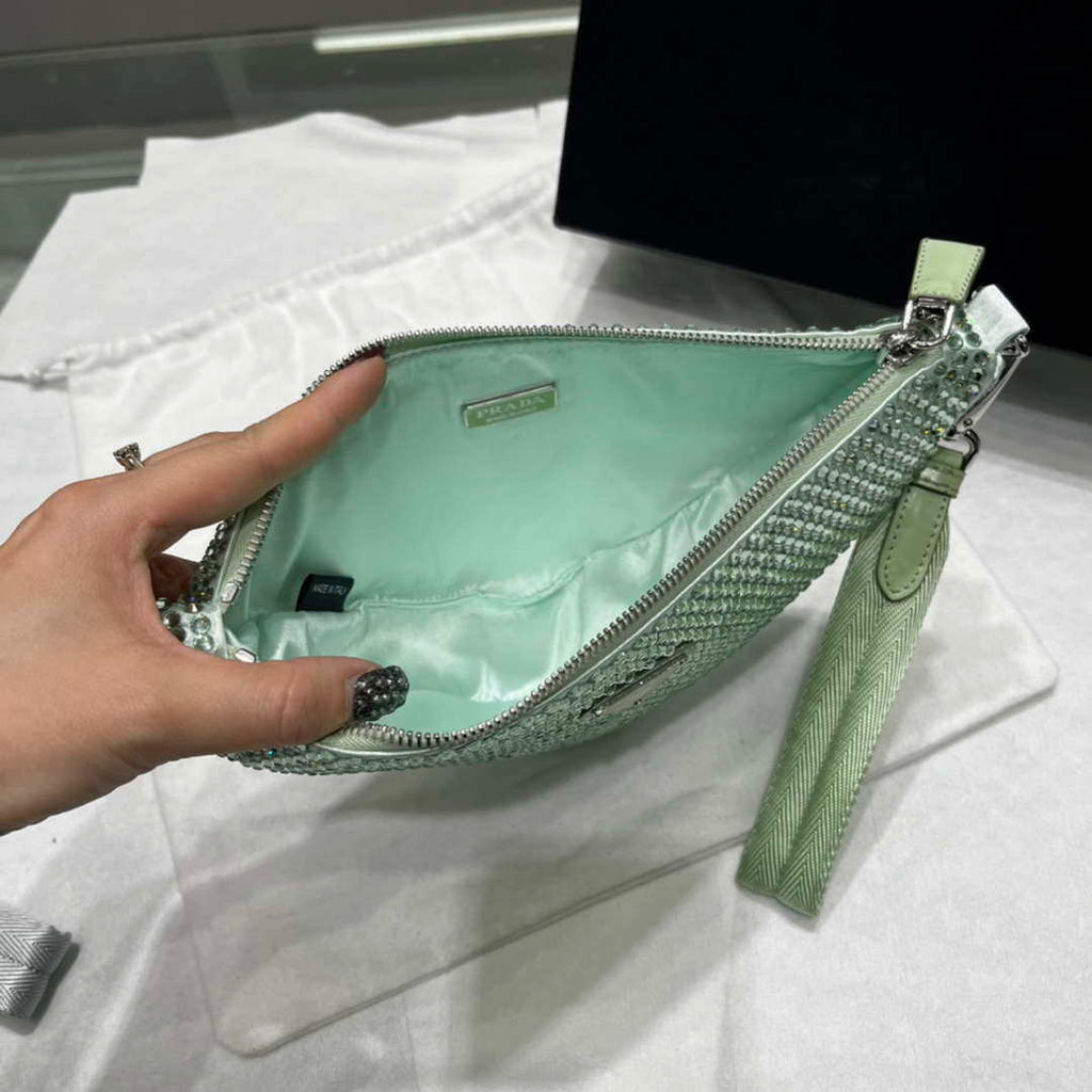 Prada 1NE039 Crystal-studded satin pouch Green