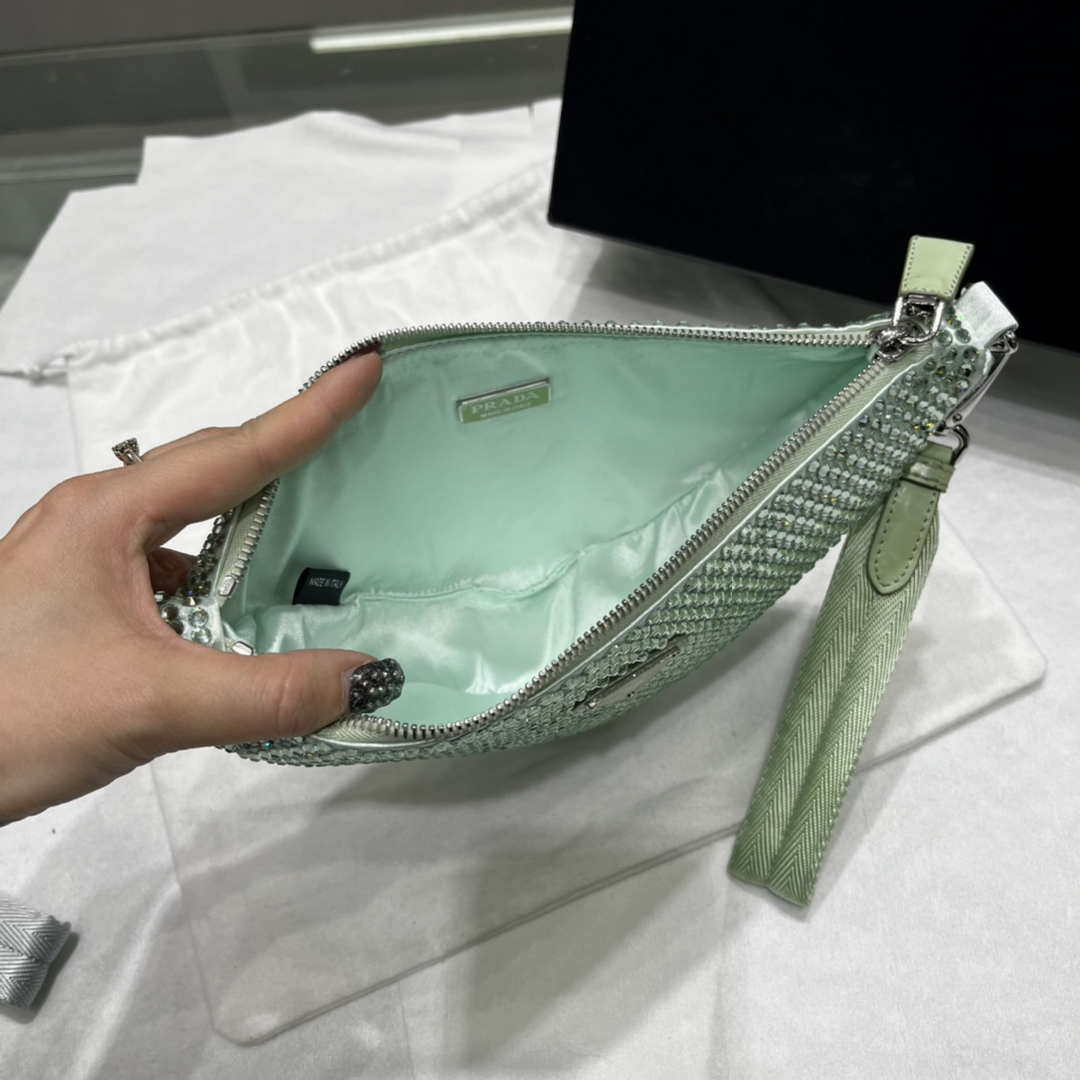 Prada 1NE039 Crystal-studded satin pouch Green - Default Title - View 8