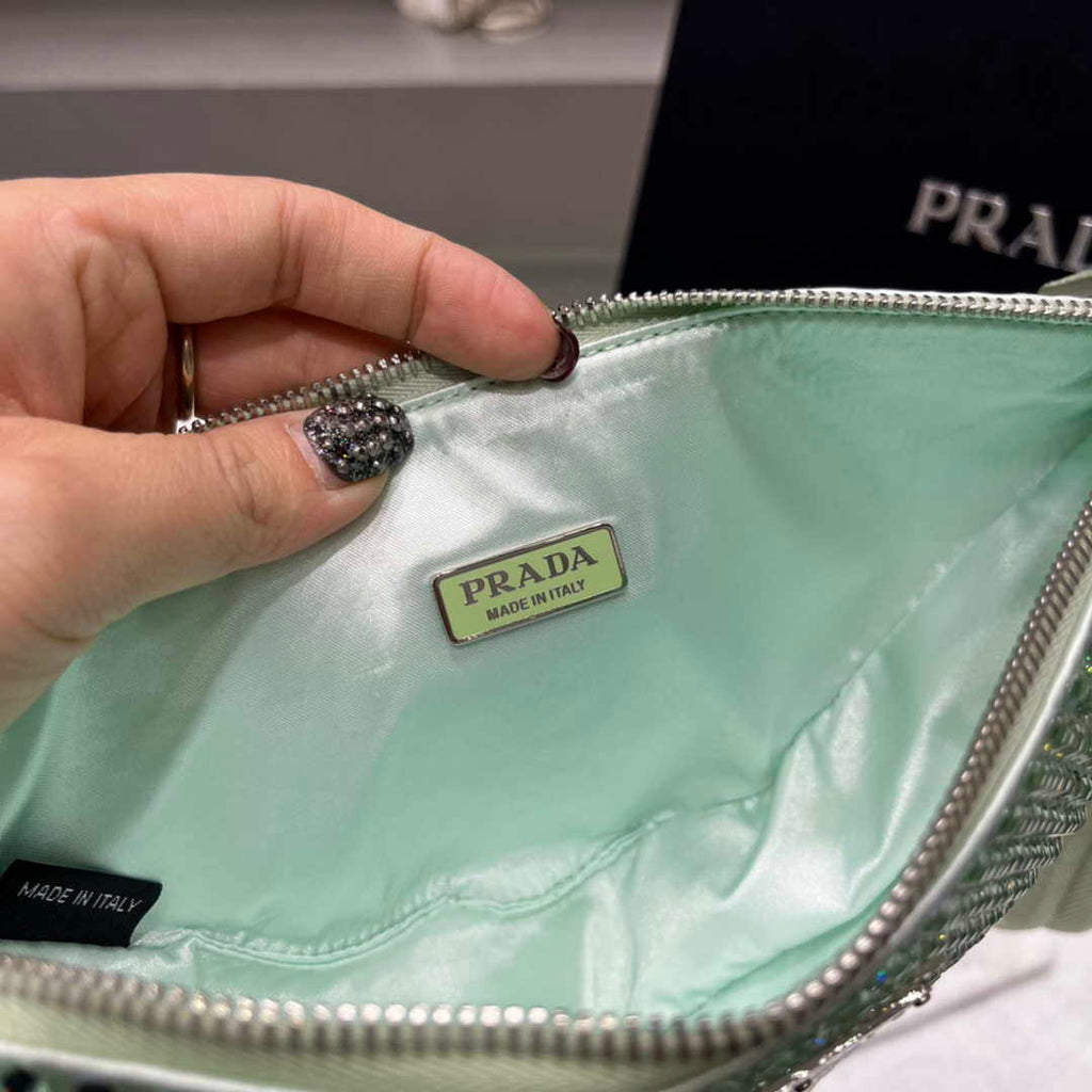 Prada 1NE039 Crystal-studded satin pouch Green