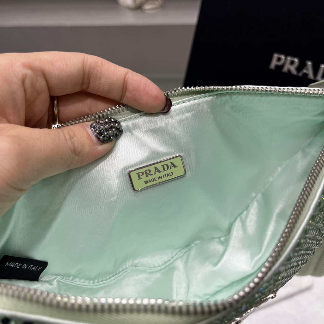 Prada 1NE039 Crystal-studded satin pouch Green