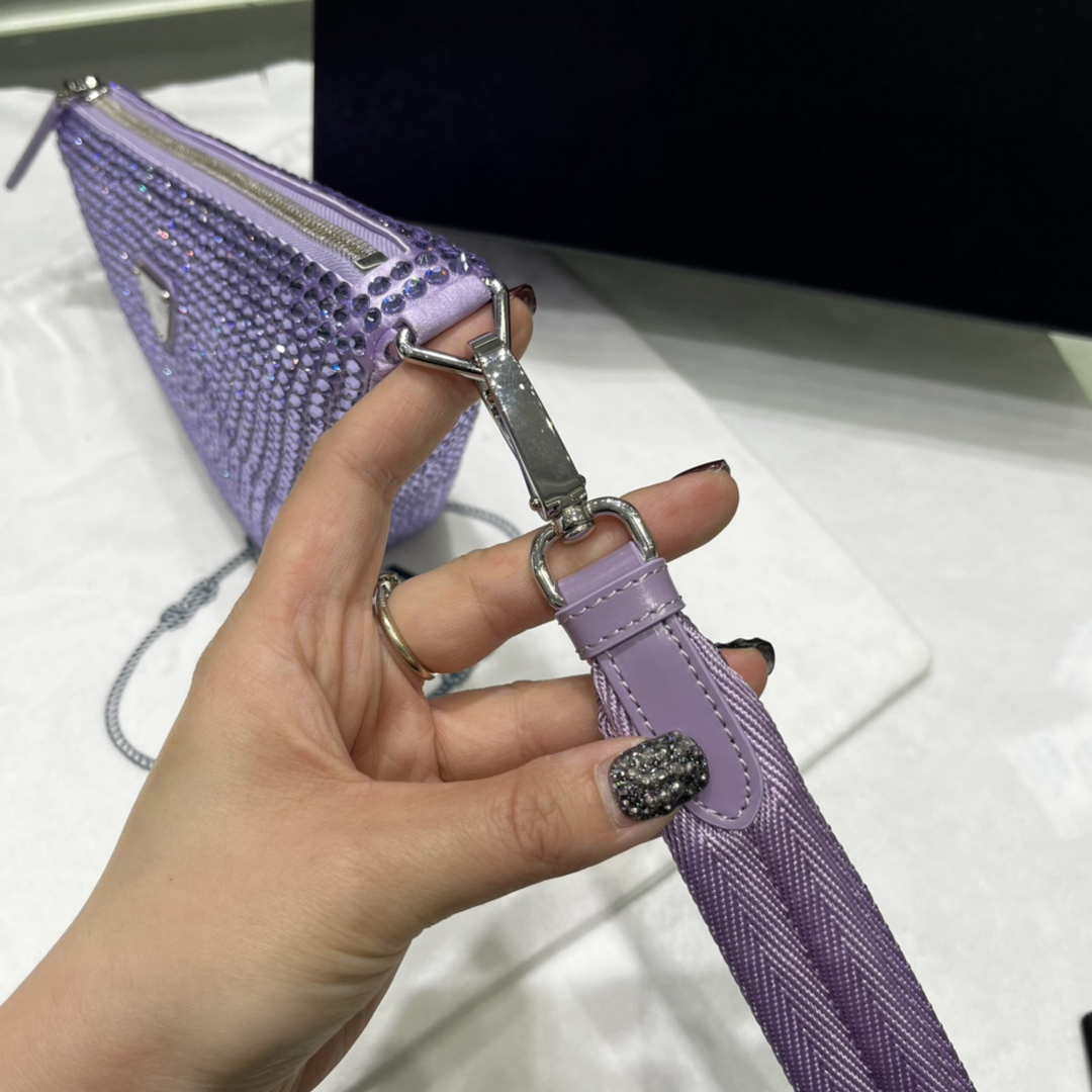 Prada 1NE039 Crystal-studded satin pouch Purple
