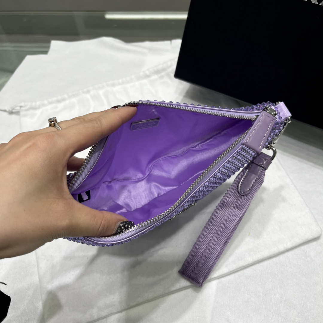 Prada 1NE039 Crystal-studded satin pouch Purple