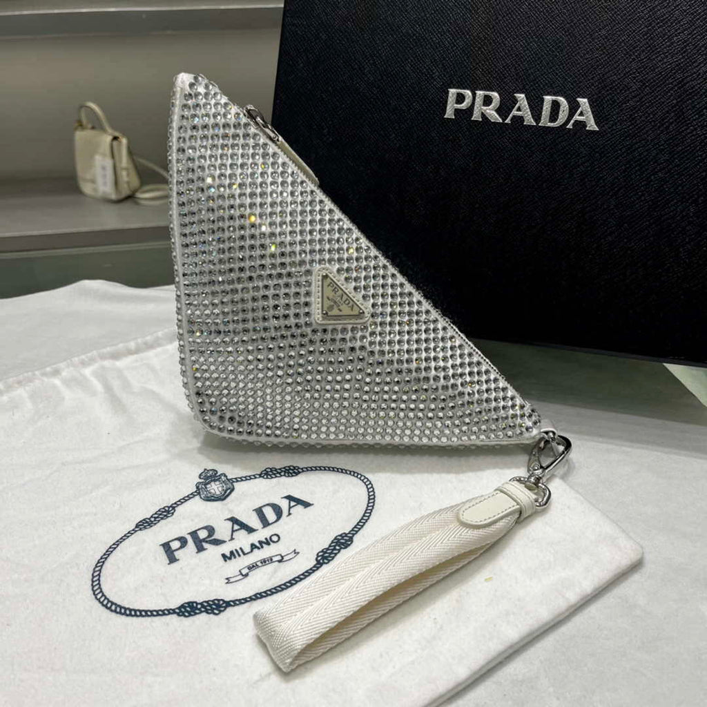 Prada 1NE039 Crystal-studded satin pouch White