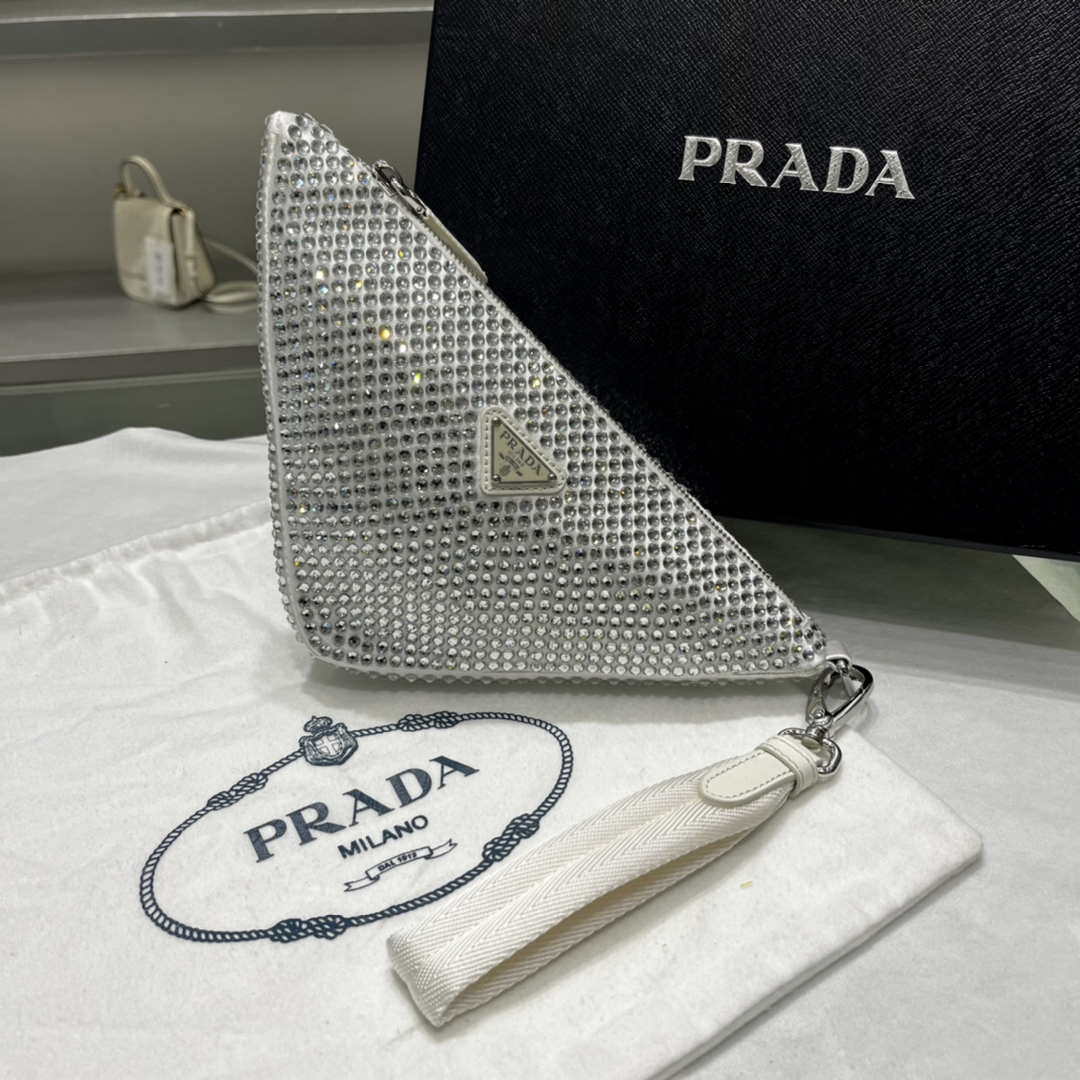 Prada 1NE039 Crystal-studded satin pouch White - Default Title - View 1