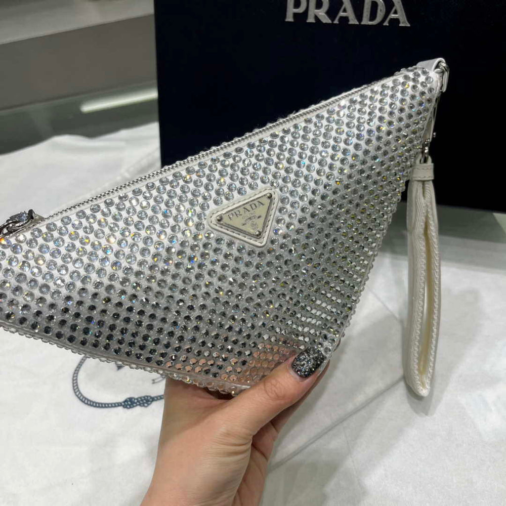 Prada 1NE039 Crystal-studded satin pouch White