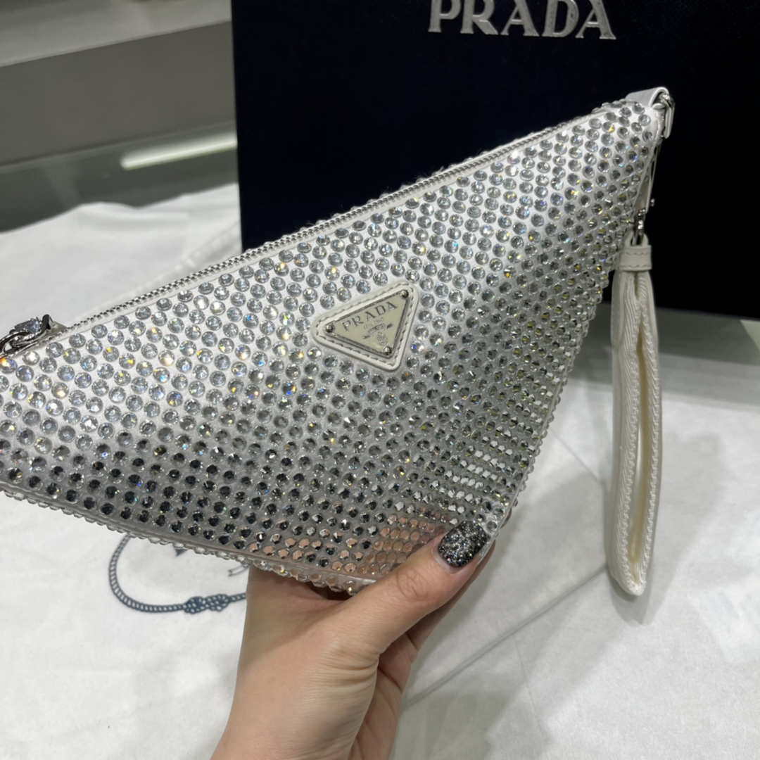 Prada 1NE039 Crystal-studded satin pouch White - Default Title - View 4