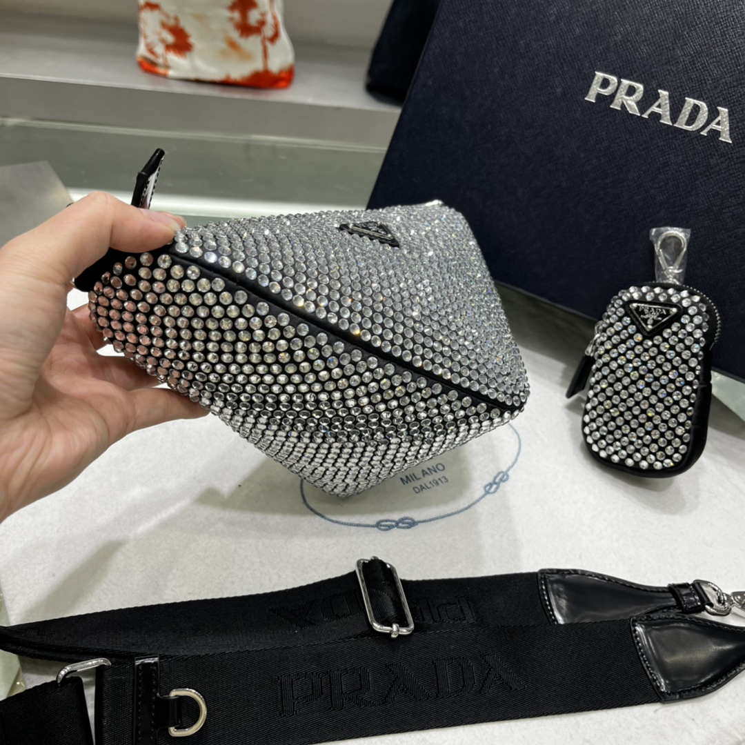 Prada 1NE190 Crystal-studded satin pouch Black