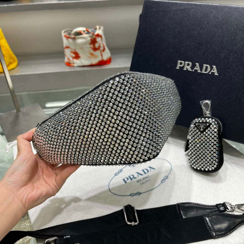Prada 1NE190 Crystal-studded satin pouch Black