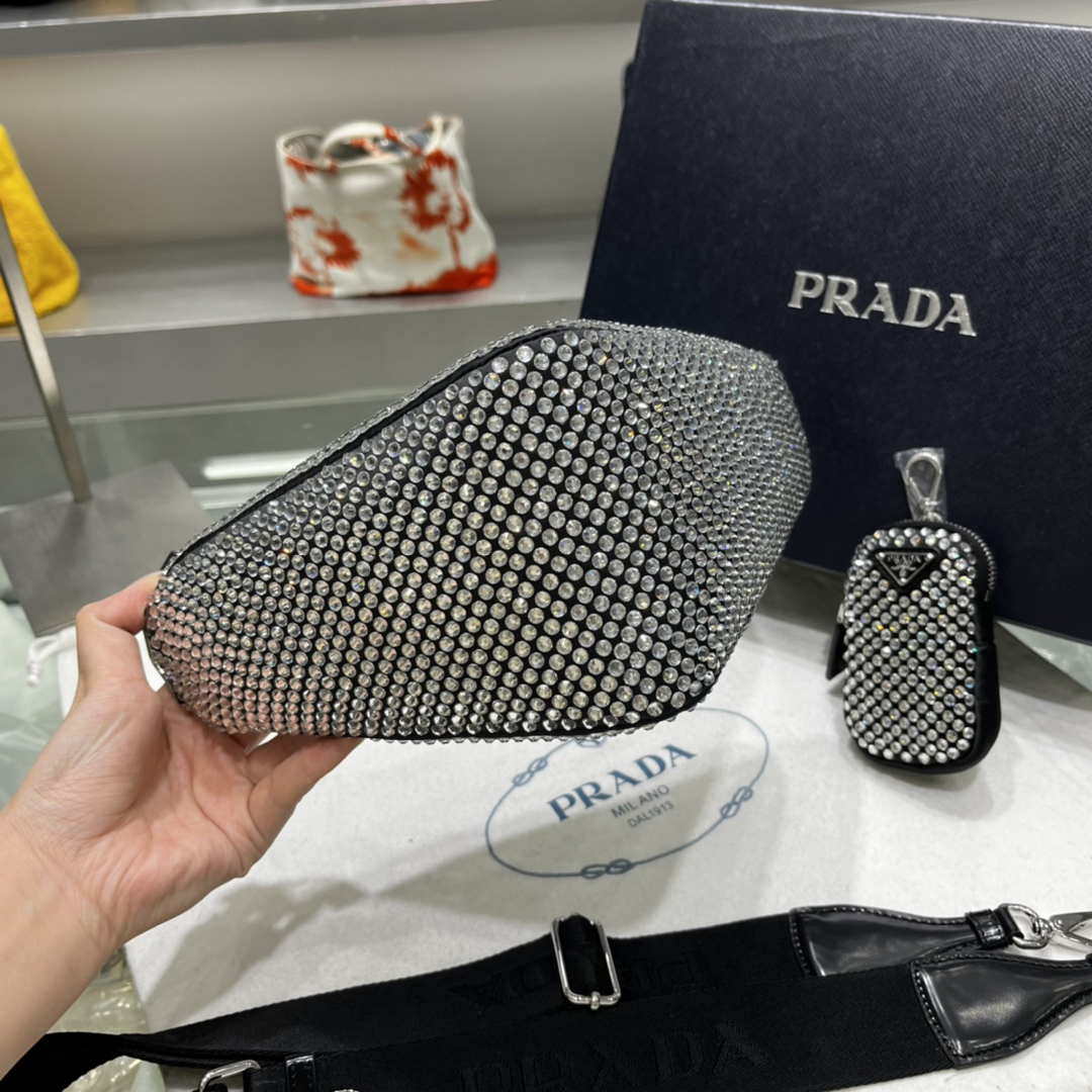 Prada 1NE190 Crystal-studded satin pouch Black - Default Title - View 4