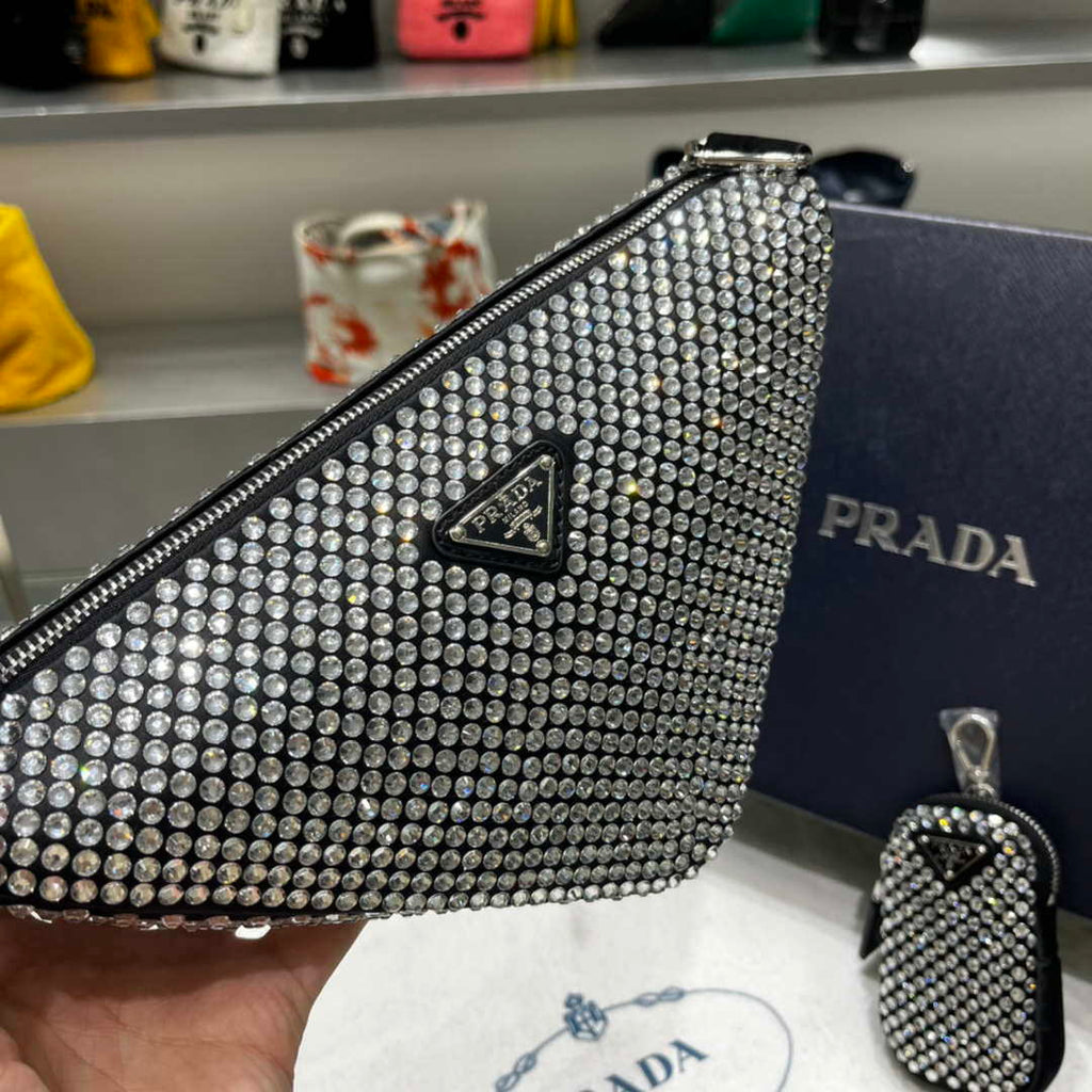 Prada 1NE190 Crystal-studded satin pouch Black
