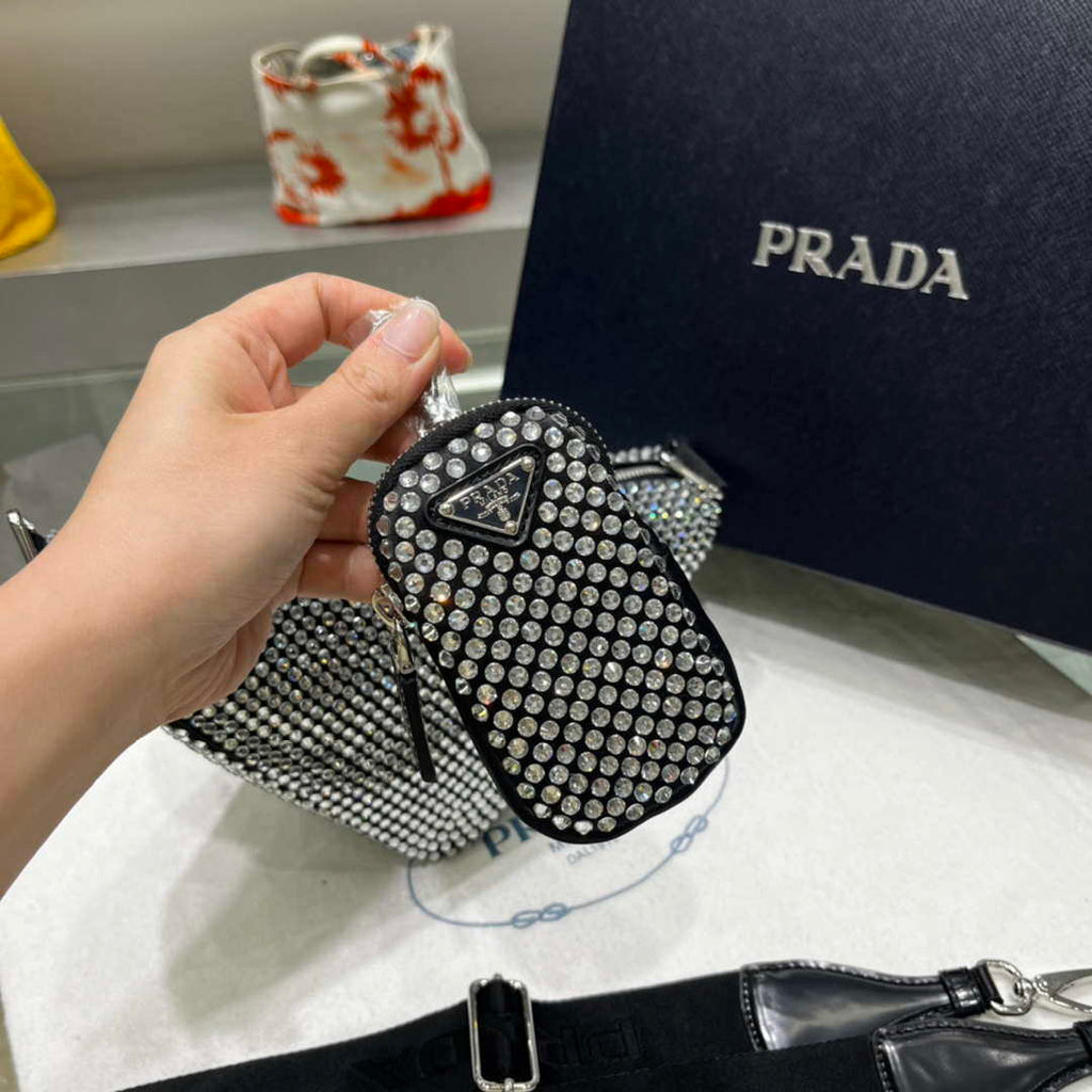 Prada 1NE190 Crystal-studded satin pouch Black
