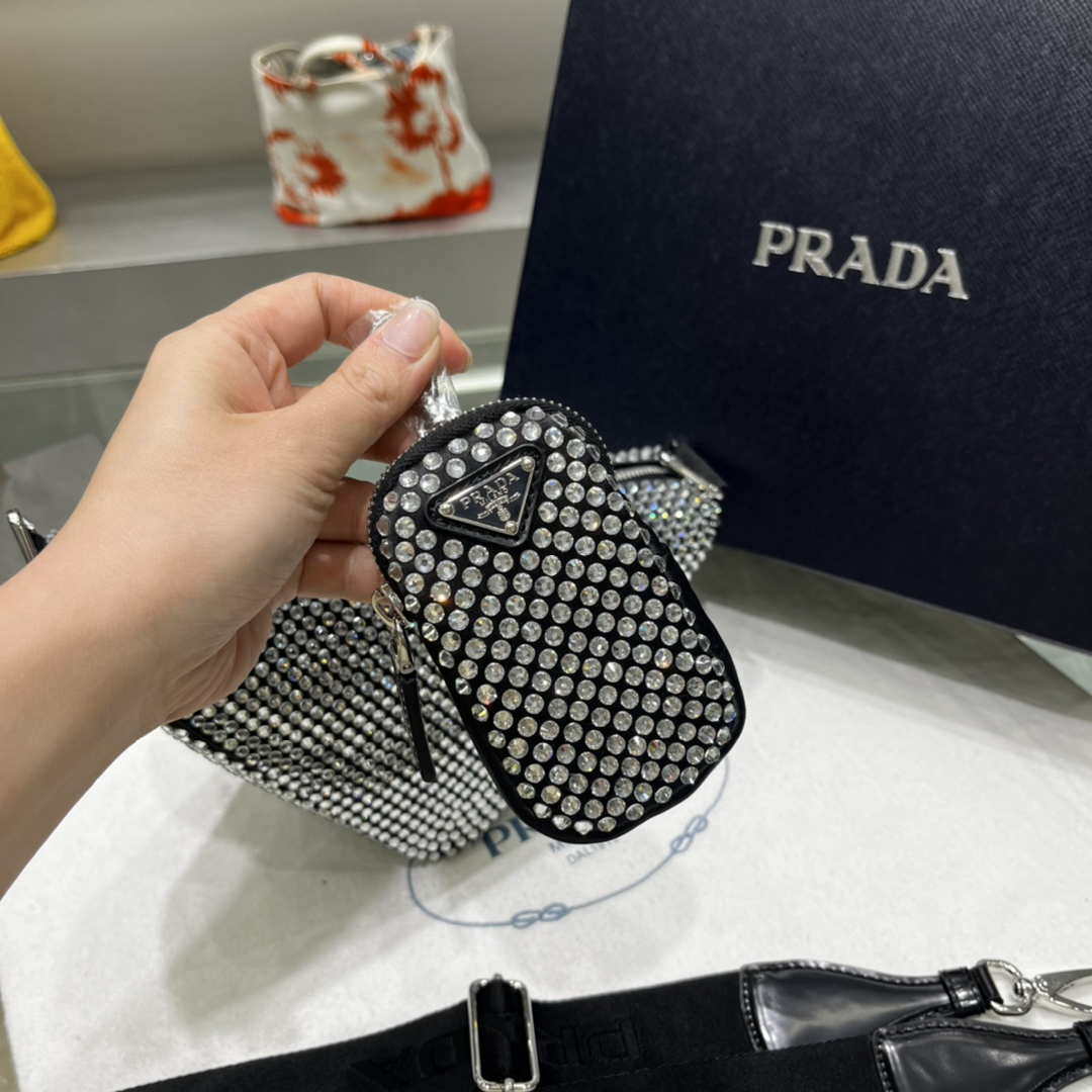 Prada 1NE190 Crystal-studded satin pouch Black - Default Title - View 6