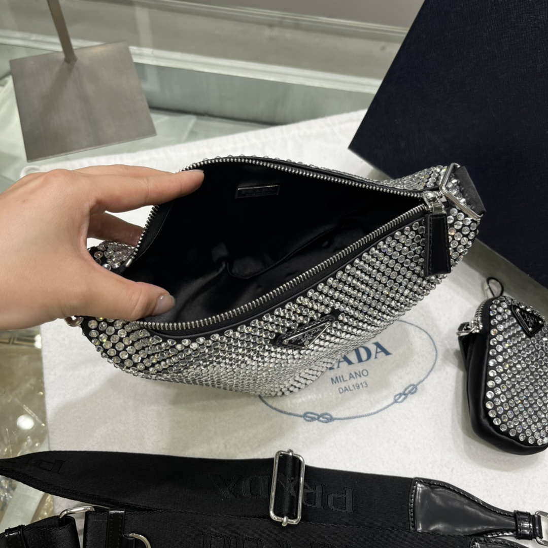 Prada 1NE190 Crystal-studded satin pouch Black