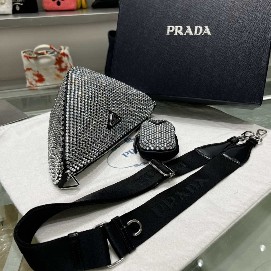 Prada 1NE190 Crystal-studded satin pouch Black