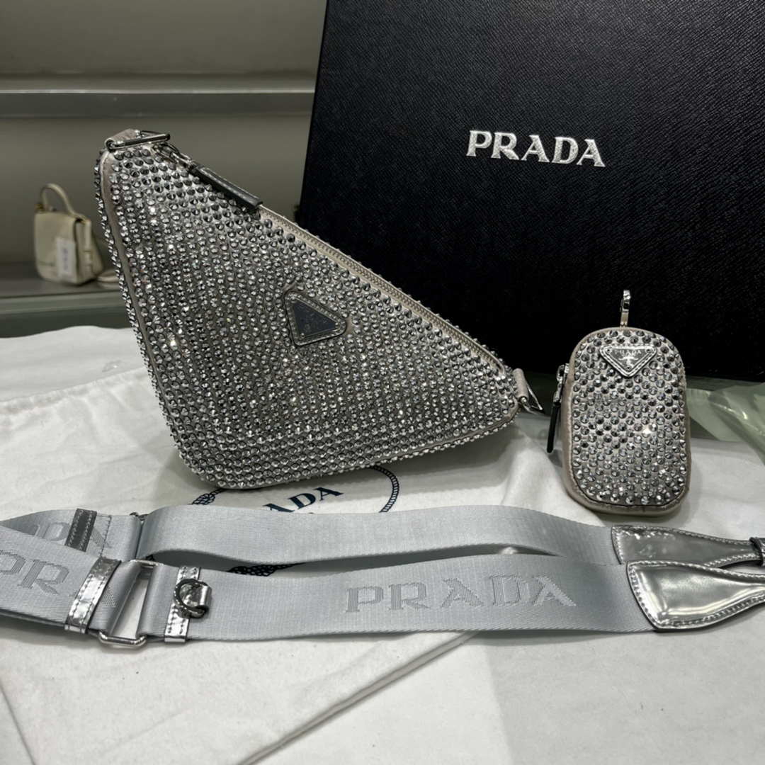 Prada 1NE190 Crystal-studded satin pouch Gray - Default Title - View 1