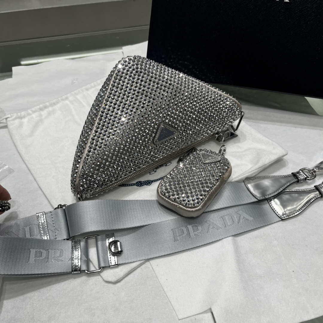 Prada 1NE190 Crystal-studded satin pouch Gray - Default Title - View 4