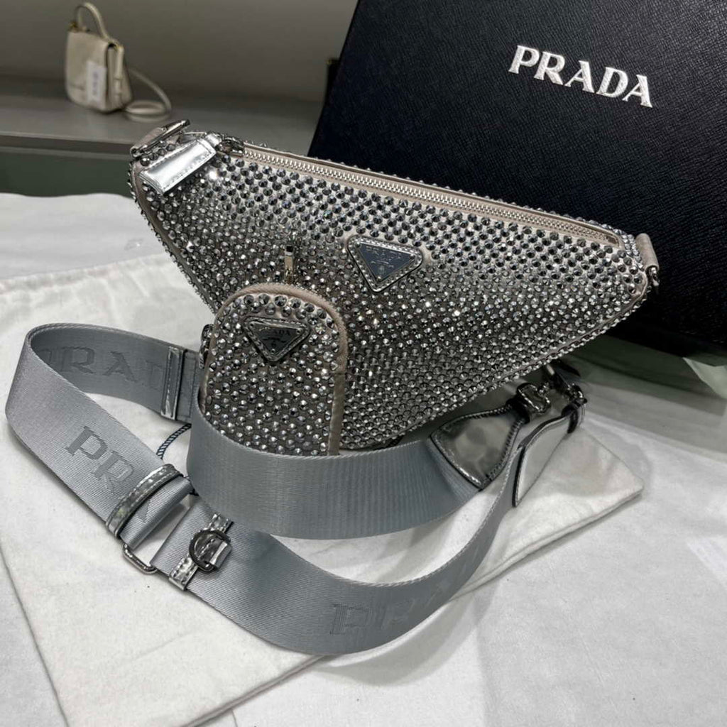 Prada 1NE190 Crystal-studded satin pouch Gray