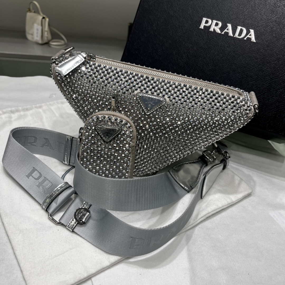 Prada 1NE190 Crystal-studded satin pouch Gray