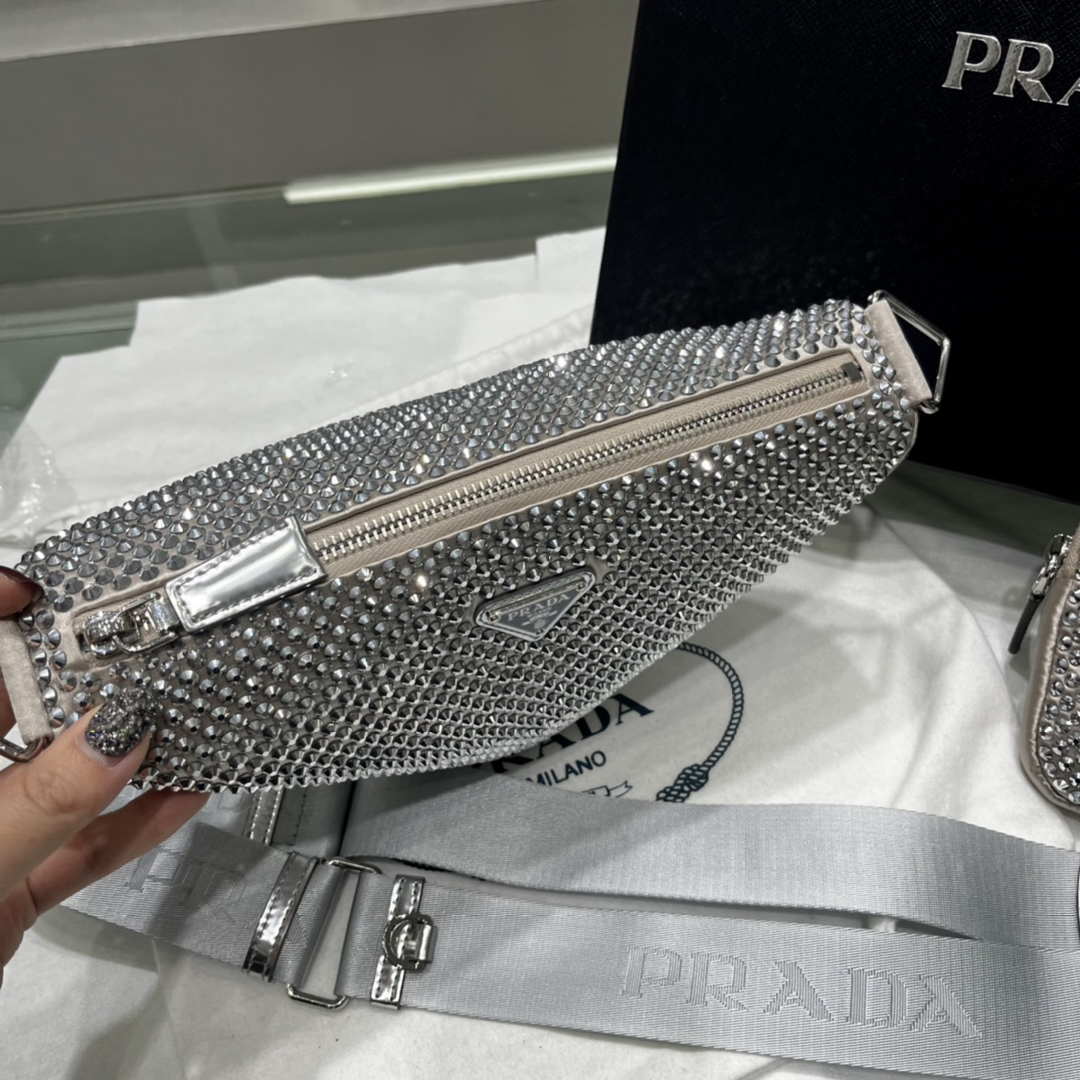 Prada 1NE190 Crystal-studded satin pouch Gray - Default Title - View 6