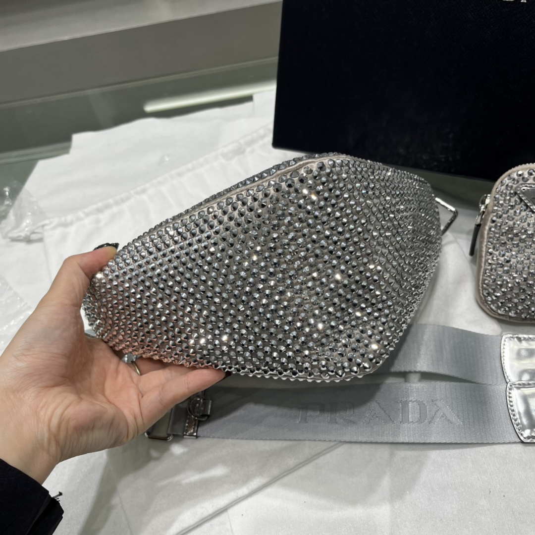 Prada 1NE190 Crystal-studded satin pouch Gray - Default Title - View 8