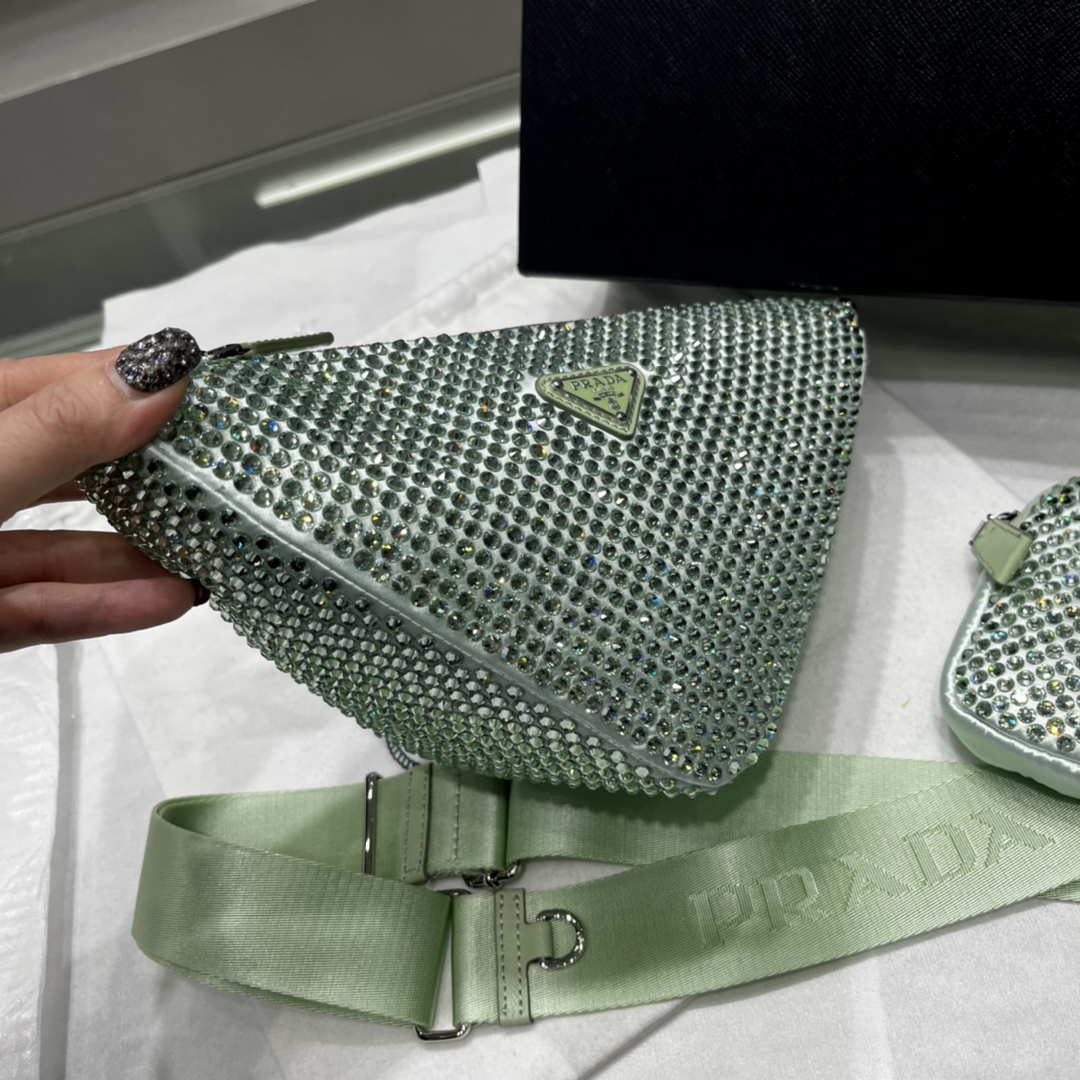 Prada 1NE190 Crystal-studded satin pouch Green - Default Title - View 3