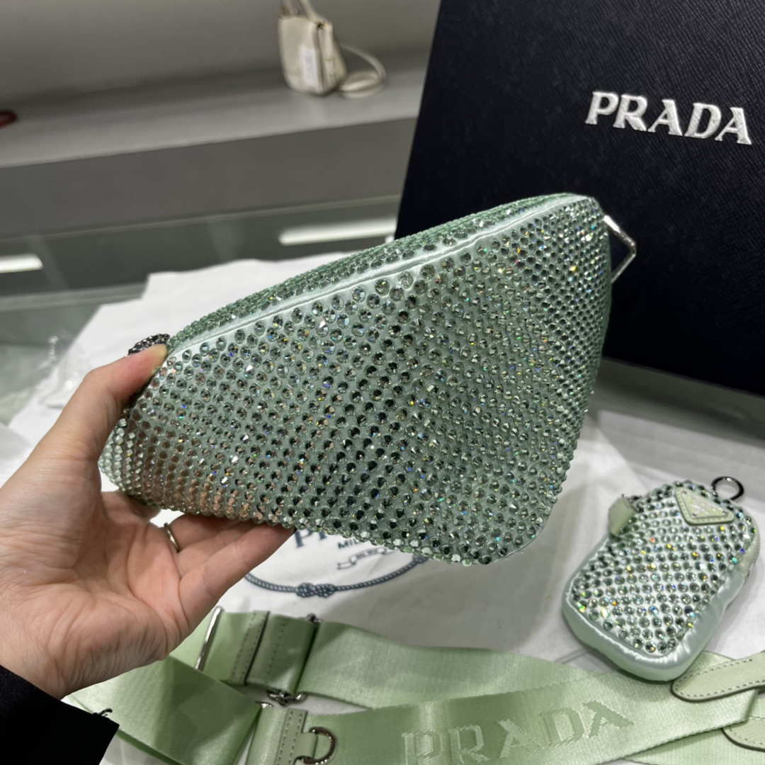 Prada 1NE190 Crystal-studded satin pouch Green