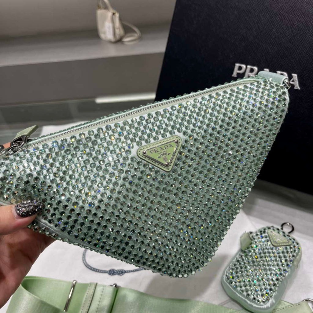 Prada 1NE190 Crystal-studded satin pouch Green