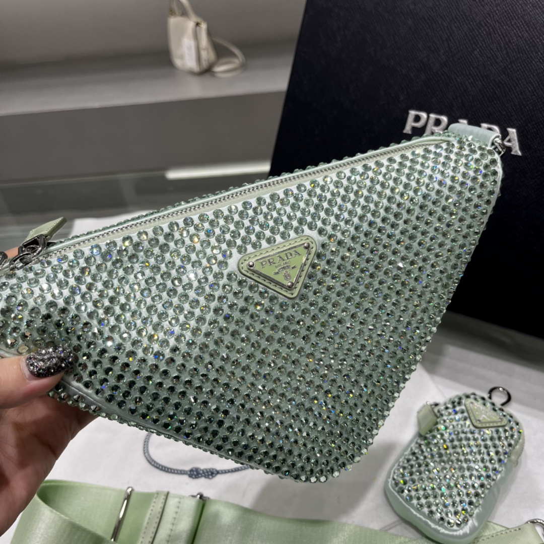 Prada 1NE190 Crystal-studded satin pouch Green - Default Title - View 5